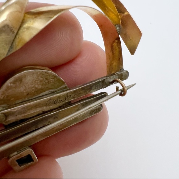 Vintage Carolyn Thomas 14K Gold Sterling Brass Mabe Pearl Emerald Brooch Pin - Picture 12 of 15